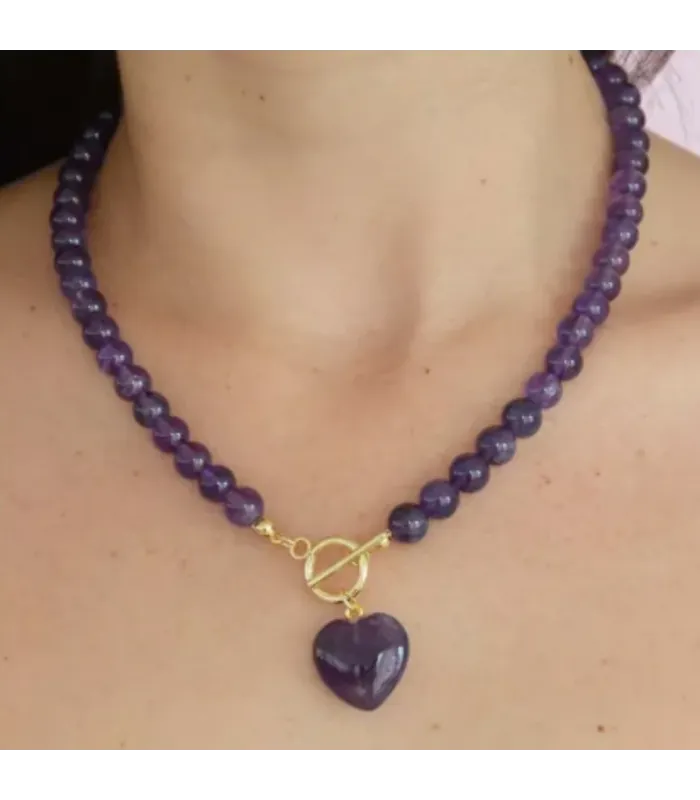 COLLAR BOLITAS CORAZON AMATISTA 45CM