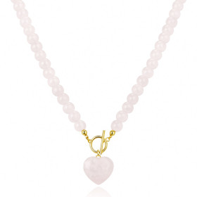 COLLAR BOLITAS CORAZON CUARZO ROSA 45CM