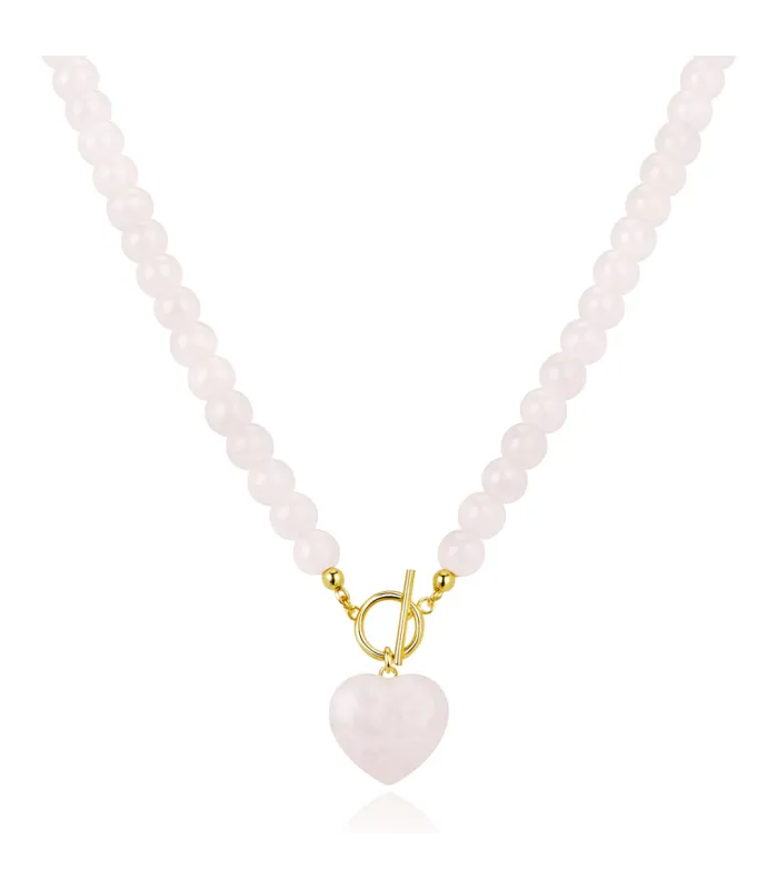 COLLAR BOLITAS CORAZON CUARZO ROSA 45CM