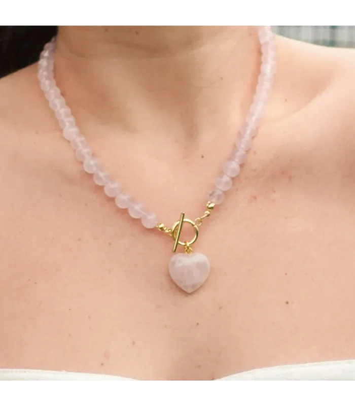 COLLAR BOLITAS CORAZON CUARZO ROSA 45CM