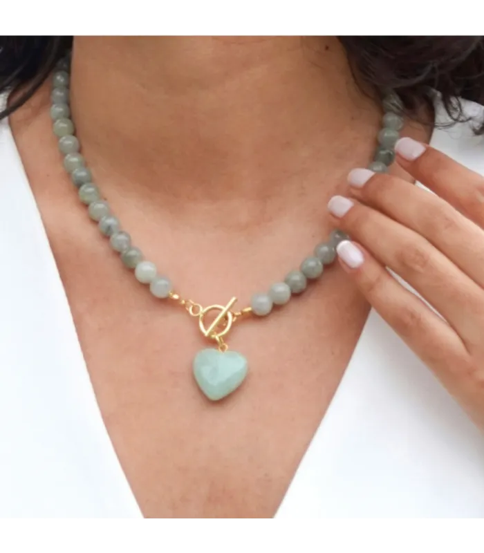 COLLAR BOLITAS CORAZON AGUAMARINA 45CM