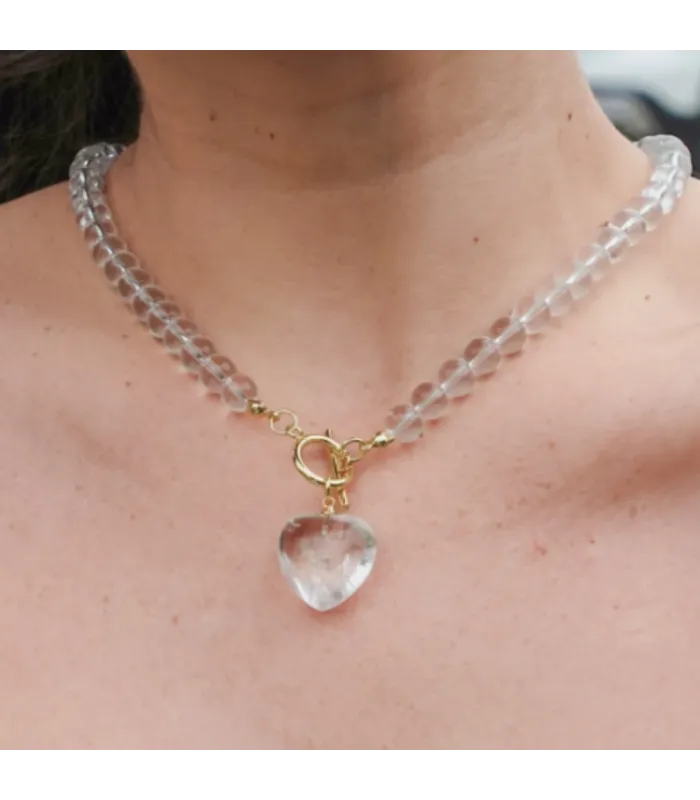 COLLAR BOLITAS CORAZON CUARZO CRISTAL 45CM