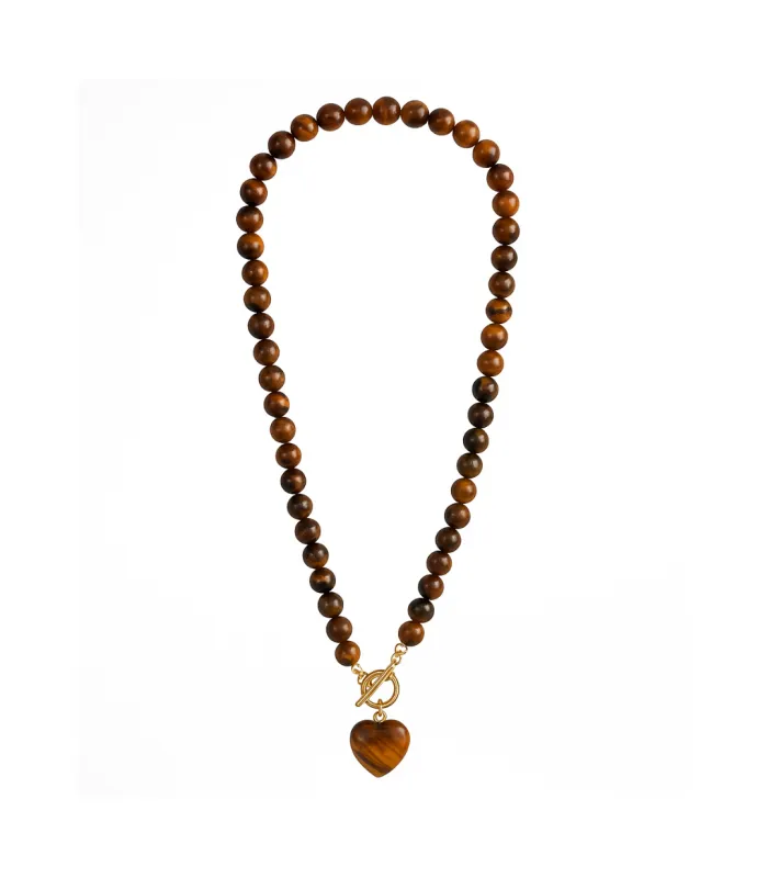 COLLAR BOLITAS CORAZON OJO DE TIGRE 45CM