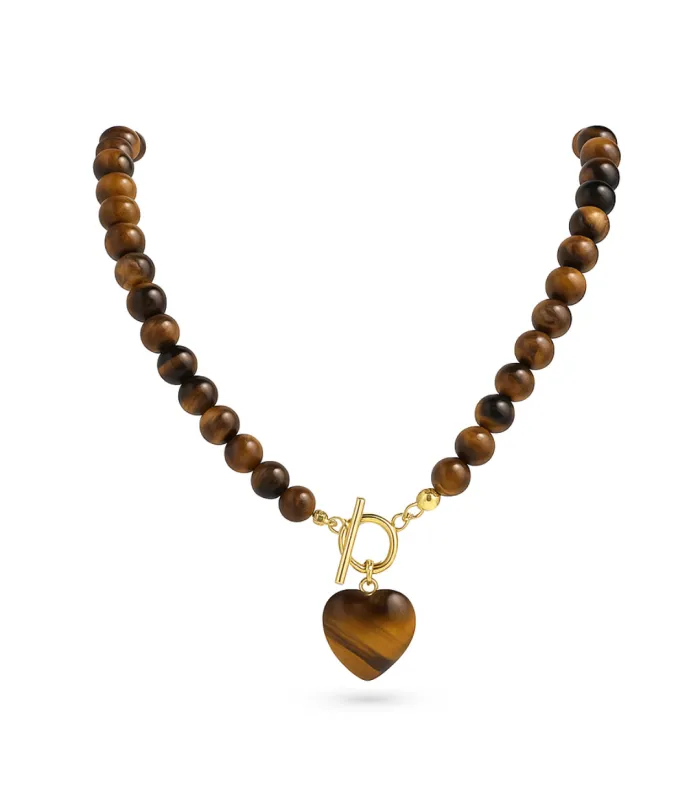 COLLAR BOLITAS CORAZON OJO DE TIGRE 45CM