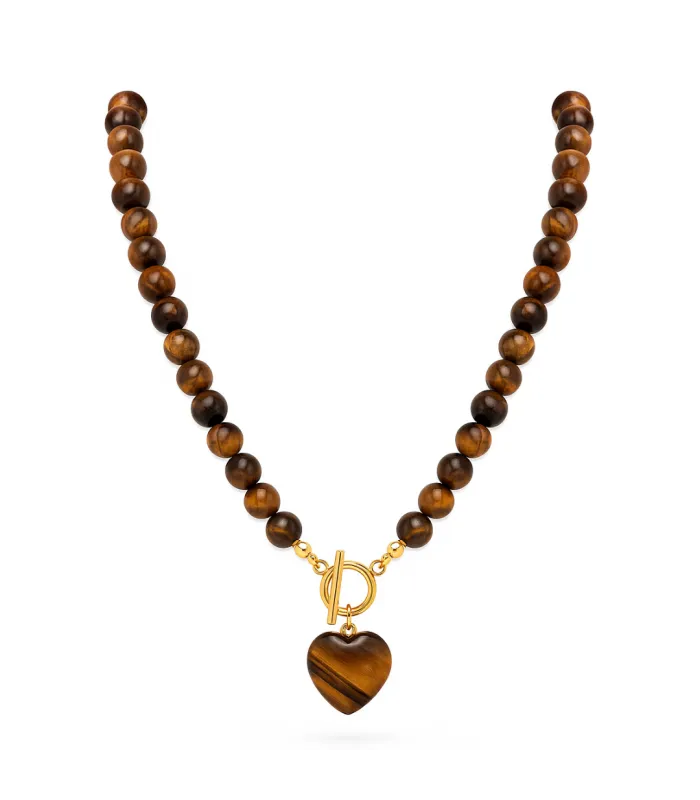 COLLAR BOLITAS CORAZON OJO DE TIGRE 45CM