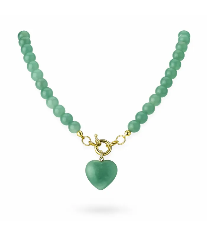 COLLAR BOLITAS CORAZON CUARZO VERDE 45CM