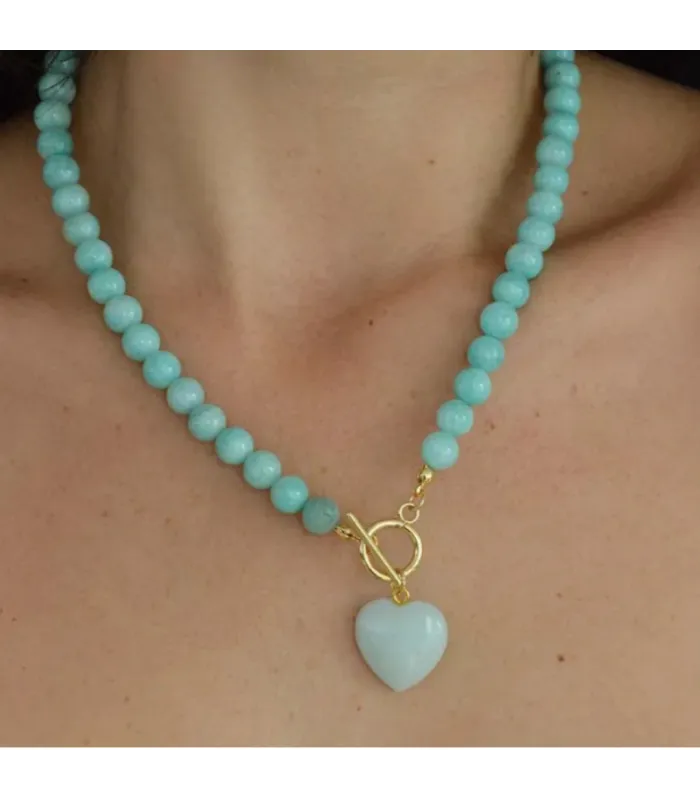 COLLAR BOLITAS CORAZON AMAZONITA